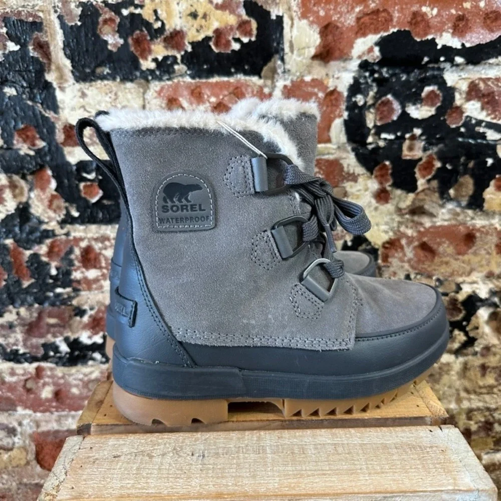 Sorel Explorer Joan Waterproof Boots Quarry Grey Faux Fur NL3425-052 Womens 6